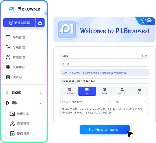 P1Browser 浏览器指纹模拟与环境隔离示意图