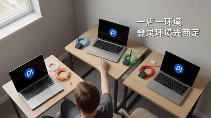 三台笔记本电脑分别放在独立工位上，各自搭配独立路由器与网线，用于说明多店铺登录环境彼此隔离