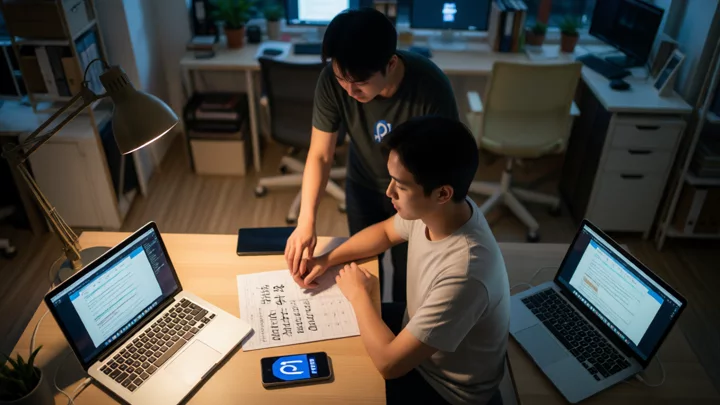 夜间办公室里运营人员同时查看两台电脑，桌面手机亮起提醒