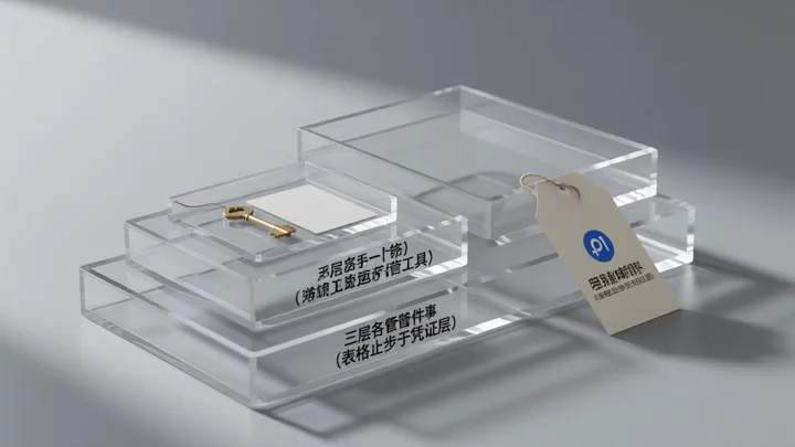 三层结构示意:小托盘放钥匙、中层放空白卡片、上层放折叠标签,对应凭证层、登录环境层与协作权限层