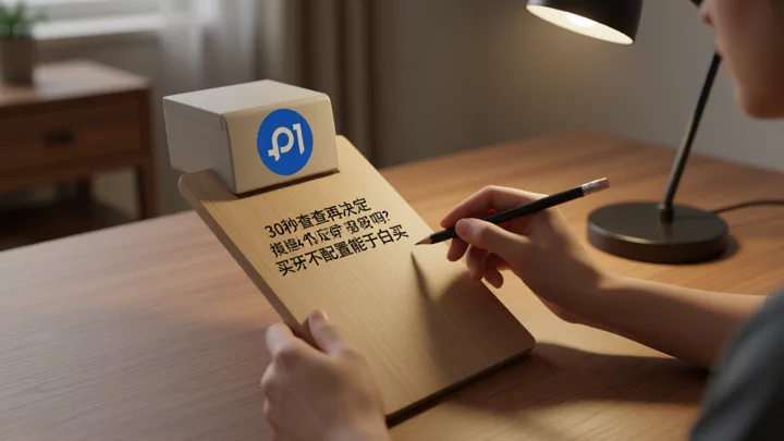 一只手用铅笔在木质小写字板上打勾，另一只手扶稳，暖色侧光投下长影，象征购买决策前的自查动作