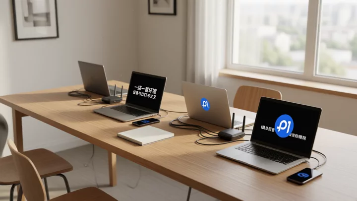 Four separately placed laptops, each connected to independent network equipment, demonstrating a workstation layout with one environment per store