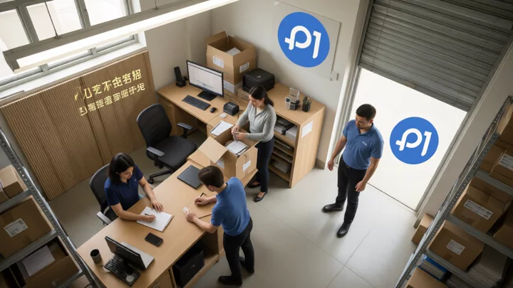 Customer service, warehouse, and operations pass a record board in sequence within the same small warehouse office area, completing the handoff from orders to inventory to customer service