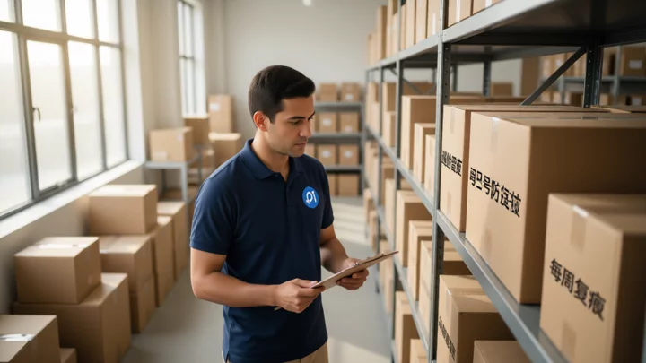 Operations staff holding a record board, checking items one by one among the shelves.