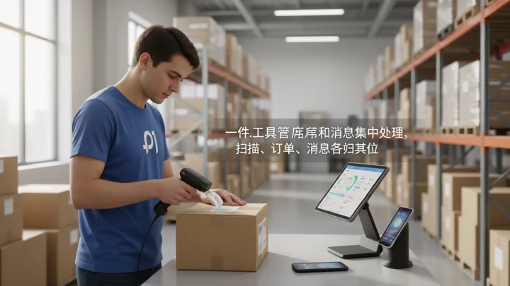 At the warehouse packing station, a worker scans boxes with a handheld scanner, while the tablet and phone nearby each handle a separate task.