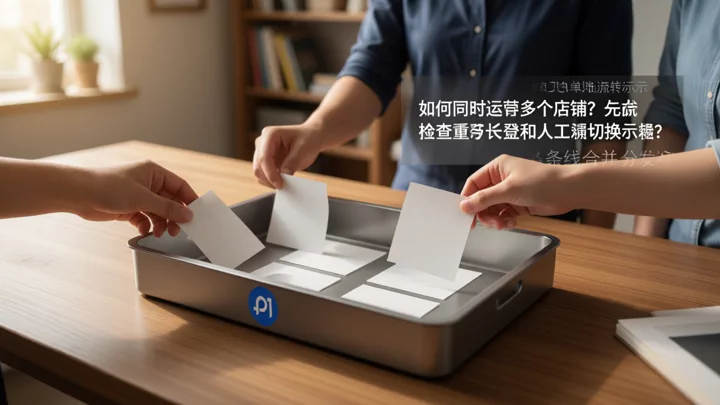 三个人把各自的空白纸单放进桌面上同一个金属收件盘，示意三条业务线汇入一个任务池