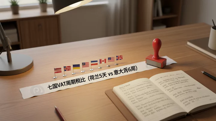 七国 VAT 注册周期对比：桌面上的国旗标记与手写时间线