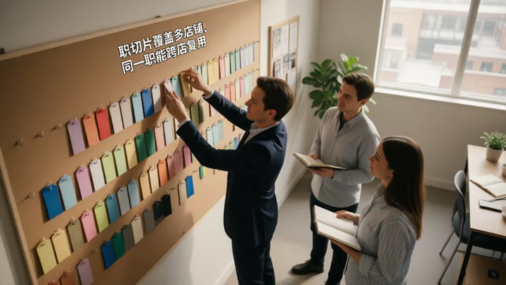 一名运营负责人在毛毡板上按行排列空白彩色标签，两名同事在旁记录，示意按职能跨店分工