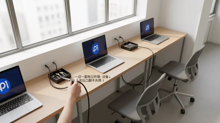 三套彼此独立的店铺登录工位,各自配有自己的设备和独立网络接口