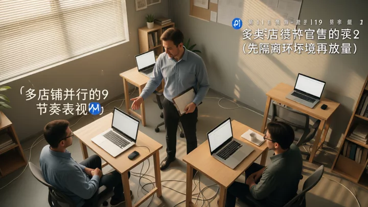 同一间办公室里四张分开摆放的桌子，每张桌上只有一台电脑，示意多店铺运行时登录环境彼此独立
