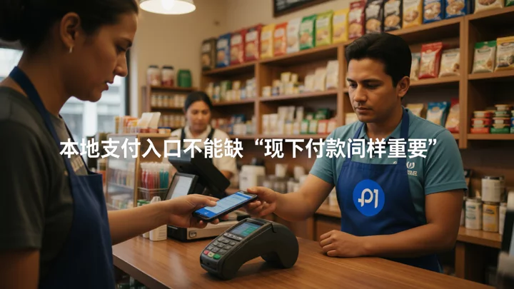 At the counter of a neighborhood convenience store in Mexico City, a customer completes payment using a mobile phone at a payment terminal