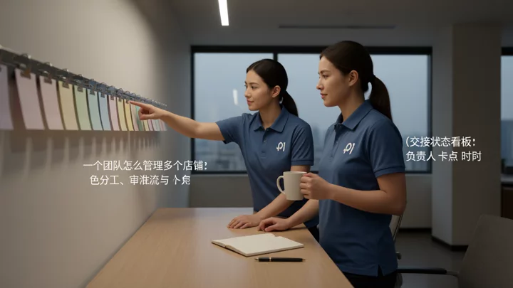 两名交班同事在站立桌前对着墙上空白彩色卡片逐条确认交接事项