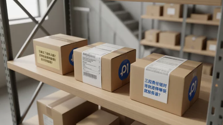 Three packages at different shipping stages displayed side by side, corresponding to the first-mile, trunk-line, and last-mile segments respectively