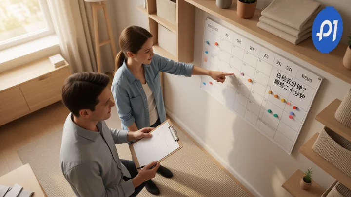 Two team members carry out daily inspections against the weekly plan board on the wall and the checklist in hand