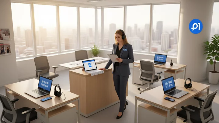 In a cross-border e-commerce office, a central shared business countertop and three separate independent shop workstations.