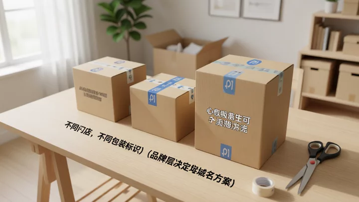 三個用不同顏色膠帶封口的牛皮紙箱並排放在木桌上,對應不同店鋪的品牌區分