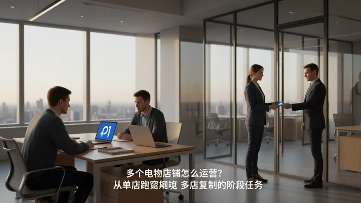 办公室内三名成员各自使用独立的笔记本和文件盘，负责人在门口把一张门禁卡交给其中一人