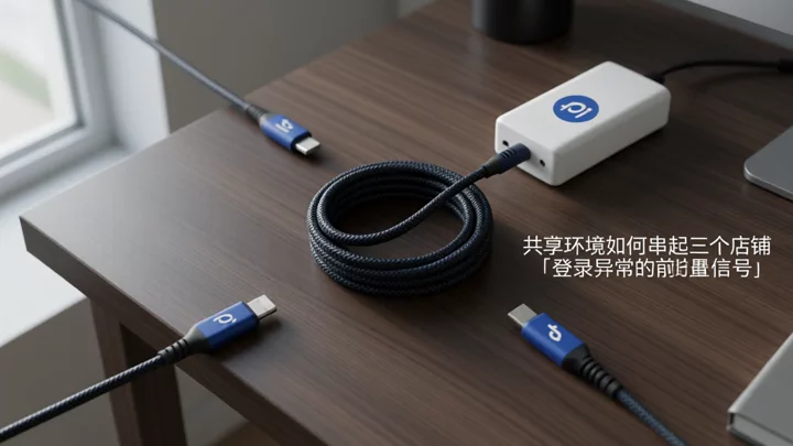 三條獨立的充電線在同一個延長線插座前纏成一團,示意三個店鋪共用同一套登入環境後訊號被串到一起