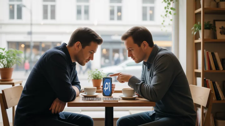 In a café, the buyer leans in to look at the phone the seller hands over, and the screen content is too blurry to make out.