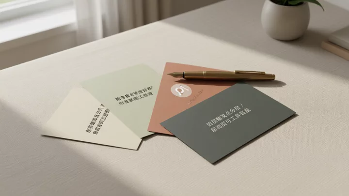 四张不同颜色的卡片呈扇形展开在亚麻桌面上，一支黄铜笔斜放在最上面一张上，象征四层风控触发点的分层结构