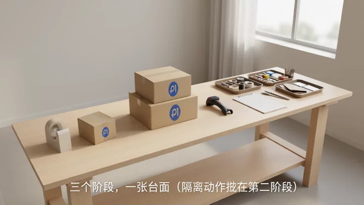 同一张工作台上从左到右摆放着数量与复杂度递增的打包工具和包裹，呈现单店到多店的三个阶段