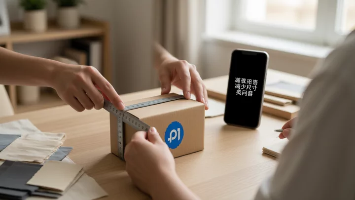 The seller measures the product packaging dimensions with a ruler on a desk, preparing size reference photos for the listing