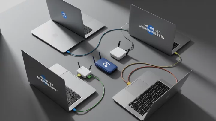 四台獨立擺放的筆記型電腦各自連接不同路由器與不同顏色線纜