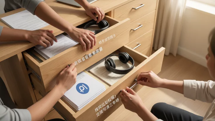 五只手分别搭在同一个文件柜的不同抽屉上,代表按岗位划分的操作边界