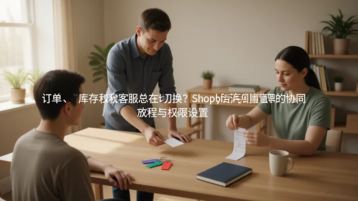 A team lead hands a task card to a colleague; on the desk is a key ring with three colored tags, illustrating role-based permission tiers.