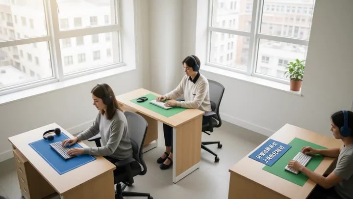 Three separate desks, each equipped with its own keyboard, headset, and desk mat, used to illustrate the boundaries between login environments
