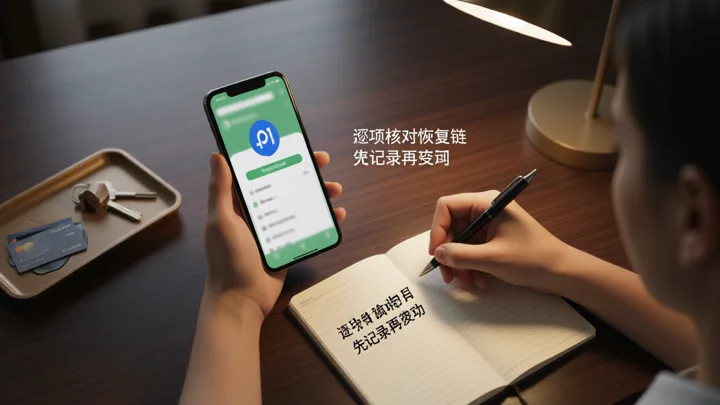 The person at the desk holds a phone in one hand to check the verification status and records each item in an unlined notebook with the other.