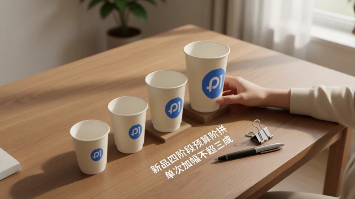 桌面上由矮到高排列的四个纸杯，旁边放着一支笔，示意新品放量时预算一档一档往上加