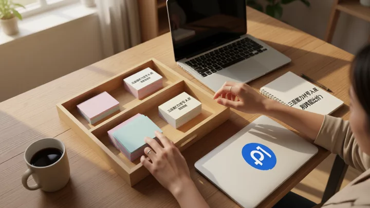 A store owner places colored cards into three trays on a wooden table to illustrate deciding which tier of tools to buy based on account structure