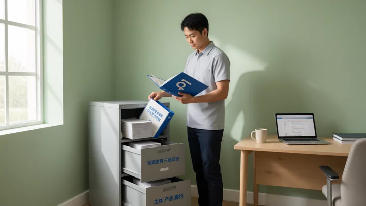 运营人员在三层文件柜前整理 Wayfair 合规资料
