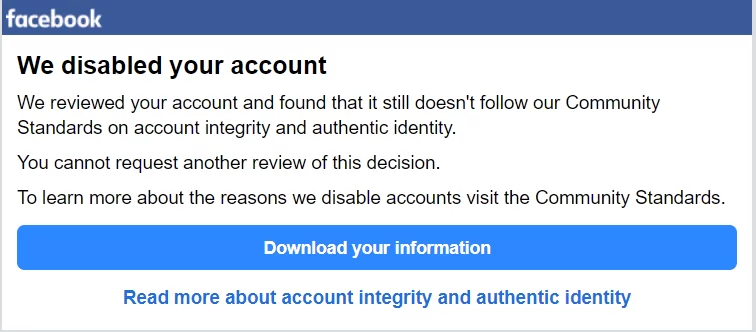 Facebook永久账户封禁