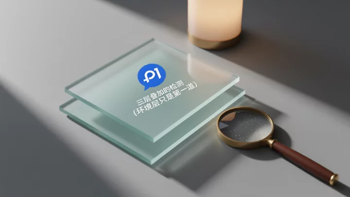 三塊霧面玻璃疊放、光線穿過後形成層疊陰影的靜物圖,用來比喻環境、行為、關聯三層檢測
