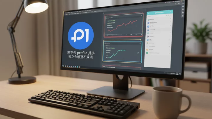 P1Browser 三個獨立 profile 視窗並排運行，分別對應 eBay、Walmart 和 Etsy 賣家後台
