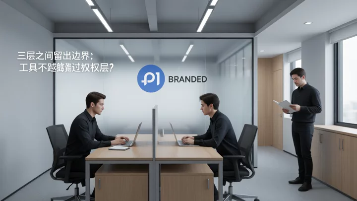 In a small office, two colleagues work at their respective desks on either side of a frosted glass partition, while a third person stands in the aisle holding a laptop and looking at it