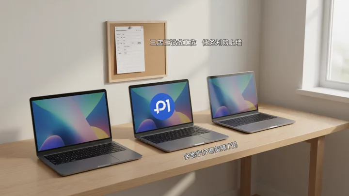 Three laptops placed side by side, corresponding to the operational workstations for three Amazon stores
