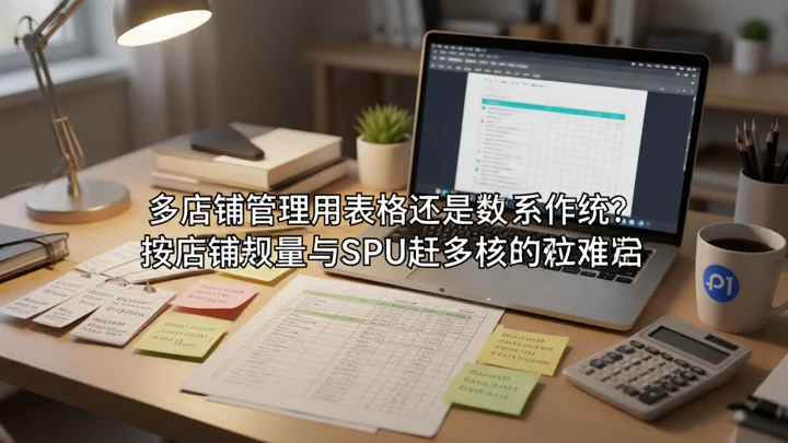 Product tags scattered across the desk, handwritten SKU numbers, and price sheets on a laptop screen depict the workflow of manually adjusting prices across multiple stores.