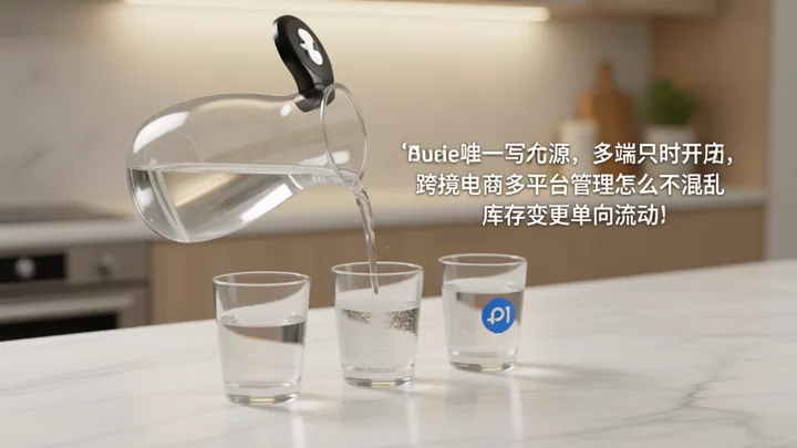 A single water source simultaneously injecting liquid into three containers, metaphorically representing a single inventory write source syncing unidirectionally to multiple platforms.