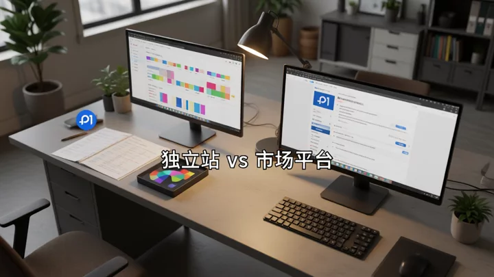 Shopify独立站与eBay市场两种数据主权方向的对比：左侧为自主定价的独立站工作区，右侧为受平台规则约束的市场化listing操作区