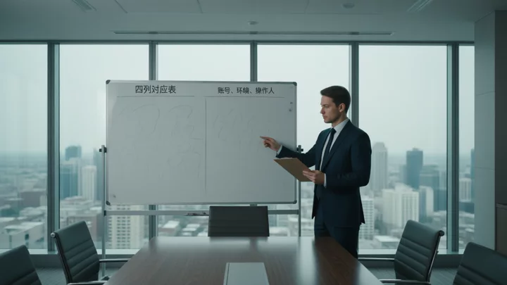 Operations staff member holding a clipboard and checking item by item against the four-column blank table on the whiteboard