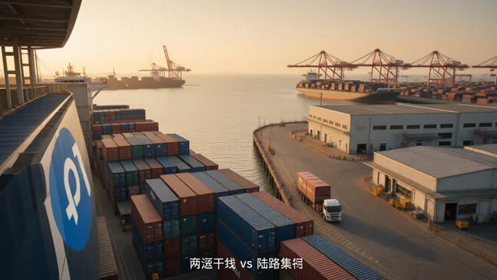 港口集裝箱與陸路集運貨車並行的物流場景