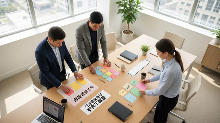 Three operations team members grouping blank task cards for different responsibilities at the meeting table