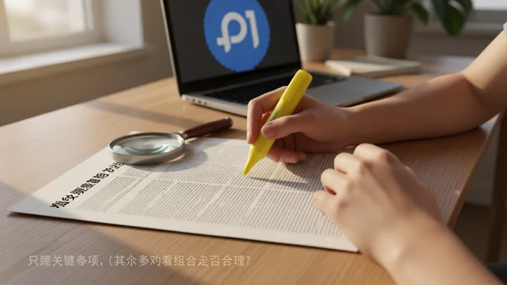 手持螢光筆在列印的檢測報告上做標記,旁邊放著一把放大鏡