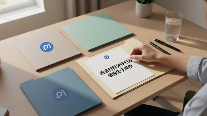 Overhead shot of a desk with four groups of folders in different colors laid out separately, a hand placing a document into one of the groups