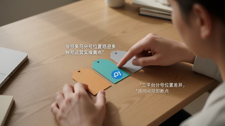 雙手在桌面上將彩色標籤分為三組,組間保留明確間隙,示意三個平台的分號位置差異