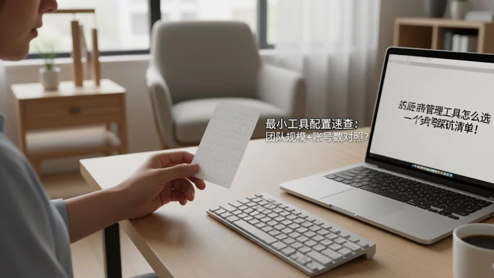 手持一張最小工具配置速查卡片,旁邊是打開的筆記型電腦
