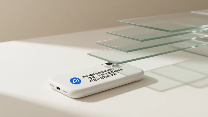 一件商品上方叠放五层逐渐变薄的透明玻璃板,象征售价逐层扣减佣金、物流、关税、增值税、所得税后落到税后净利